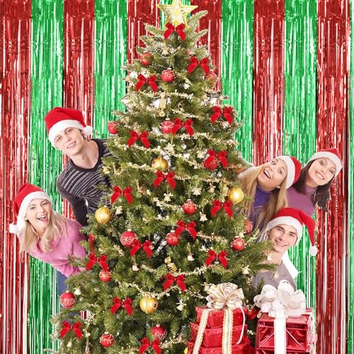Image of TONIFUL 3Pcs Red Green Door Streamers,Red GreenPhoto Booth Backdrop Metallic Streamers Foil Fringe Curtains for Birthday,Christmas,New Year,Bachelorette,Grad Party Streamers Decor(9.9ft x 6.6ft)