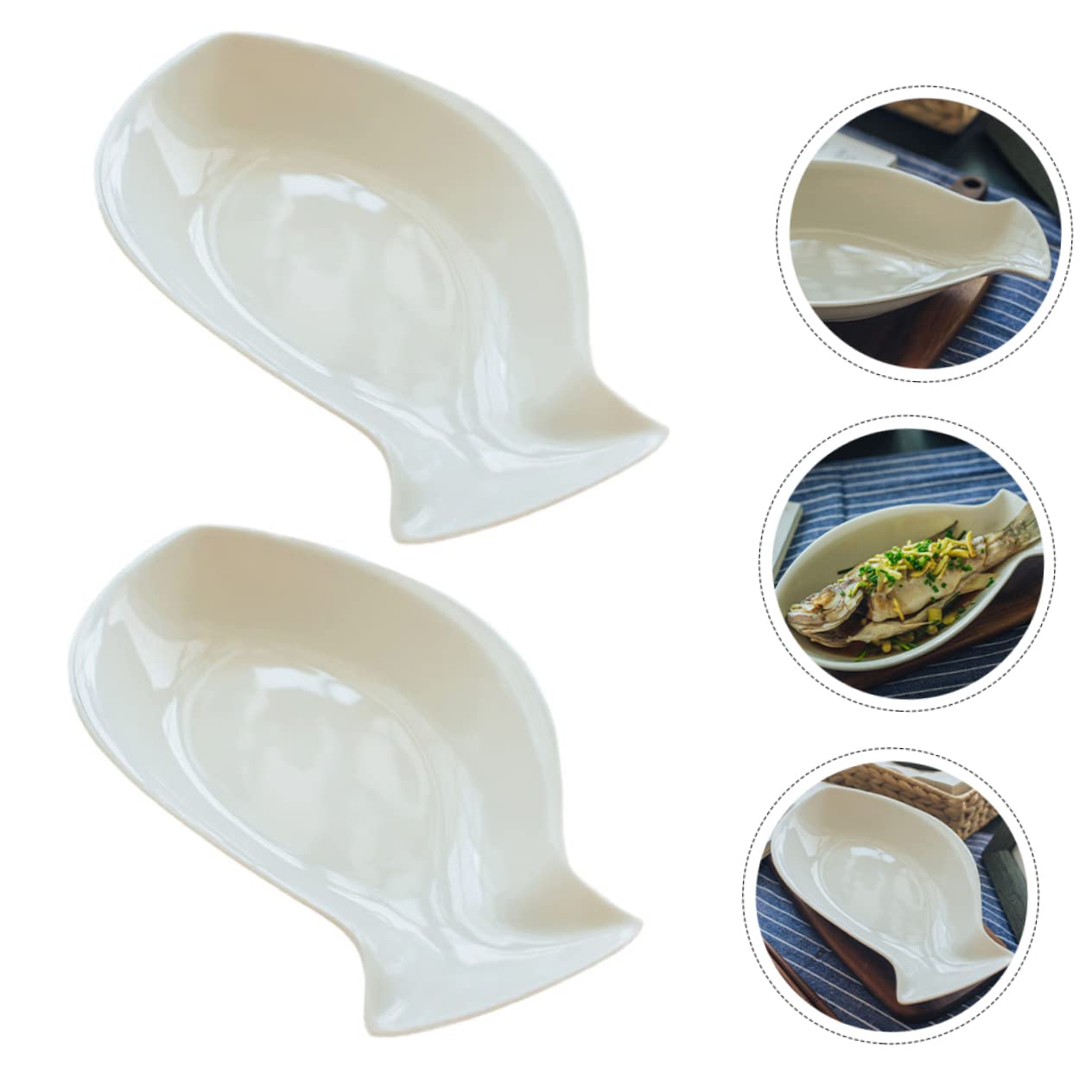 Lot de 2 Assiettes de Dîner en Céramique Blanche Forme Poisson, Facile à Nettoyer et Pratique Rangement, pour Hôtels et Familles