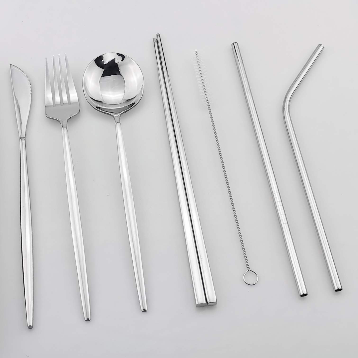 Gugrida 8 Pcs Reusable Utensils with Case, Office Lunch Utensils, Portable Flatware Stainless Set with Grey Waterproof Pouch, Outdoor Camping Picnic Cutlery Set Straw Knife Fork Spoon (Silver)