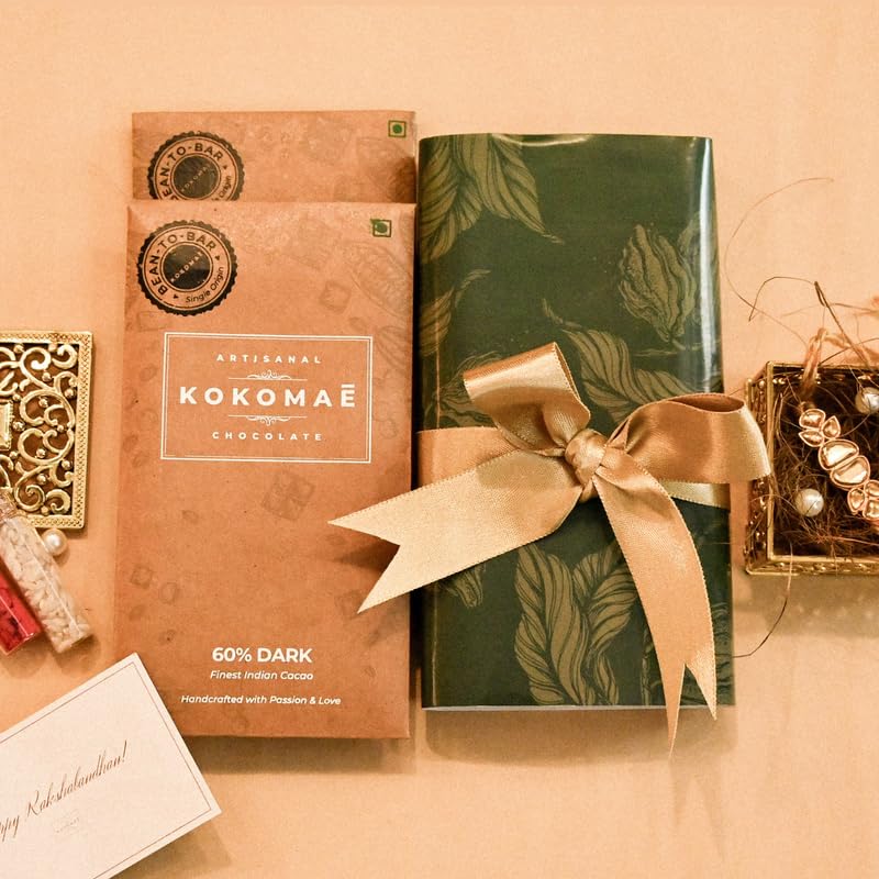 Premium Rakhi Chocolate Hamper I 2 Bean To Bar Chocolates and a Beautiful Rakhi I Indian Cocoa from Idukki, Kerala I Made with pure Cocoa Butter & unrefined Cane Sugar I Best Premium Rakhi Gift Hamper for Brother, Sister