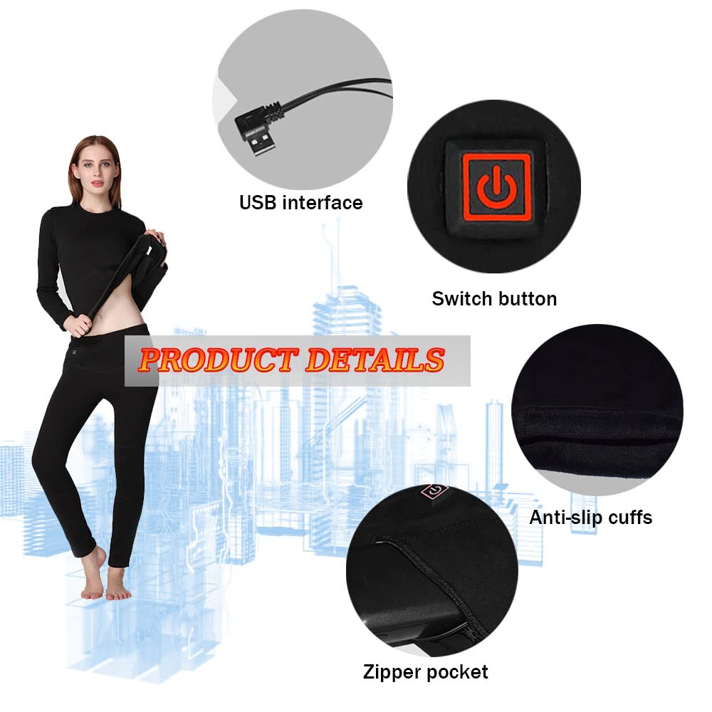Conjunto de Ropa Interior térmica para Mujer, Pantalones térmicos con calefacción eléctrica USB para Calidez, Trabajo al Aire Libre, esquí (Negro XL) (Negro L)