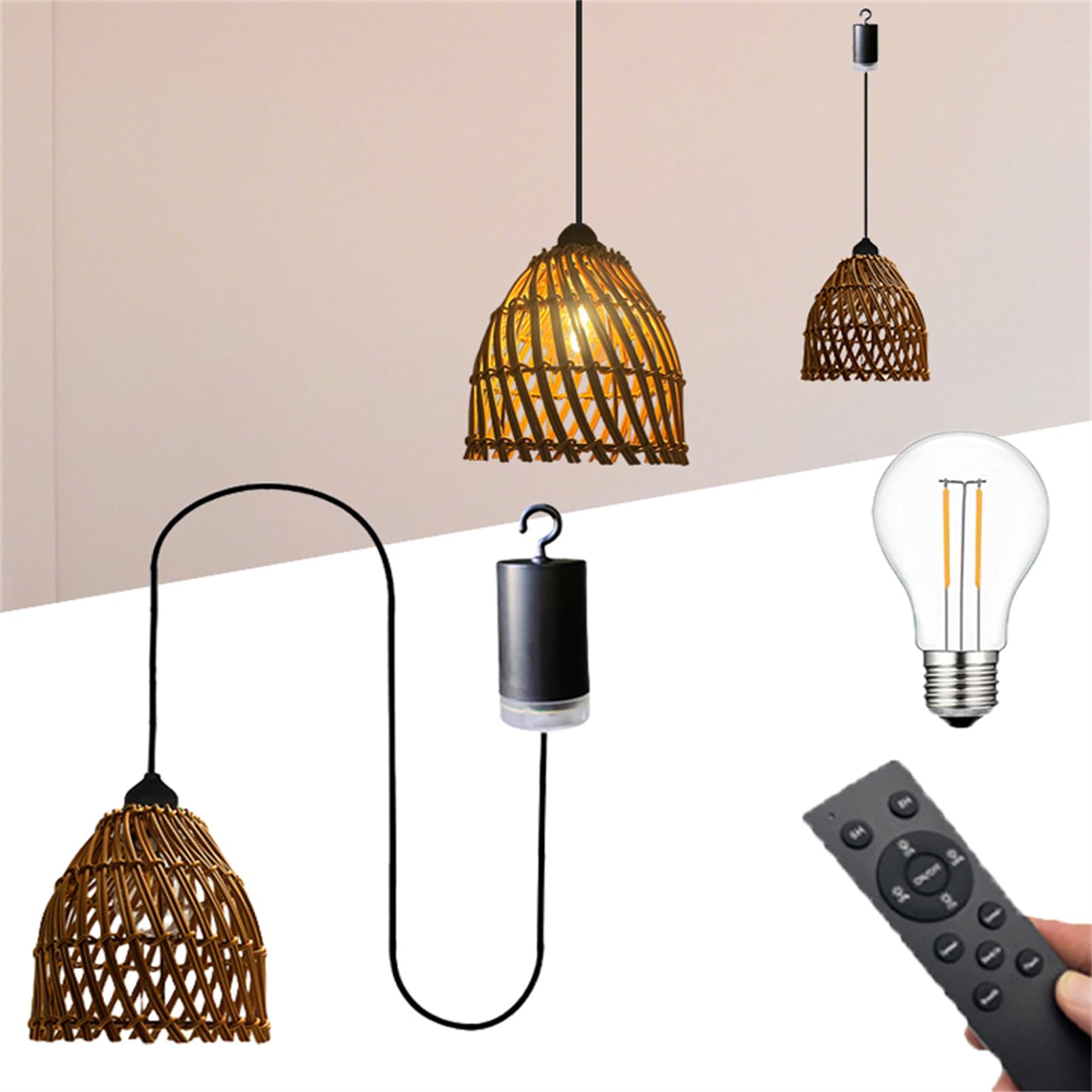 Lampadario a sospensione 'batteria', stile bohémien, per esterni, con telecomando, in rattan bohémien, per gazebo da giardino