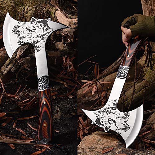 image for LIANTRAL Camping Hatchet Axe Etched Wolf Head Stainless Steel with Woo