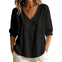 Women Cotton Linen 3/4 Sleeve Blouses Lace Trim Loose Casual Tops