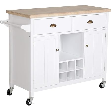 HOMCOM Carrito Auxiliar de Cocina con Ruedas Isla de Cocina Multiusos con Cajones Botellero Armarios Cerrados y Estante Cajón Blanco 113x45x89cm