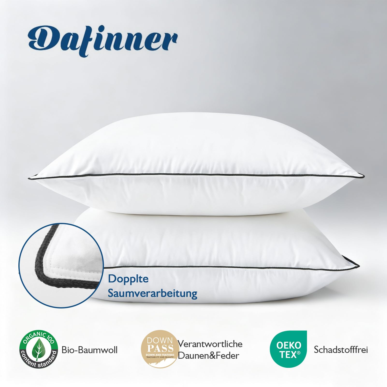 Dafinner 1er 3-Kammer-Daunenkissen 80×80 cm┃ 90% Daunen Außenkammer | Feder-Mischung Innenkammer ┃Oeko-TEX ┃Downpass ┃ Mittlere Unterstützung│Bio-Baumwoll