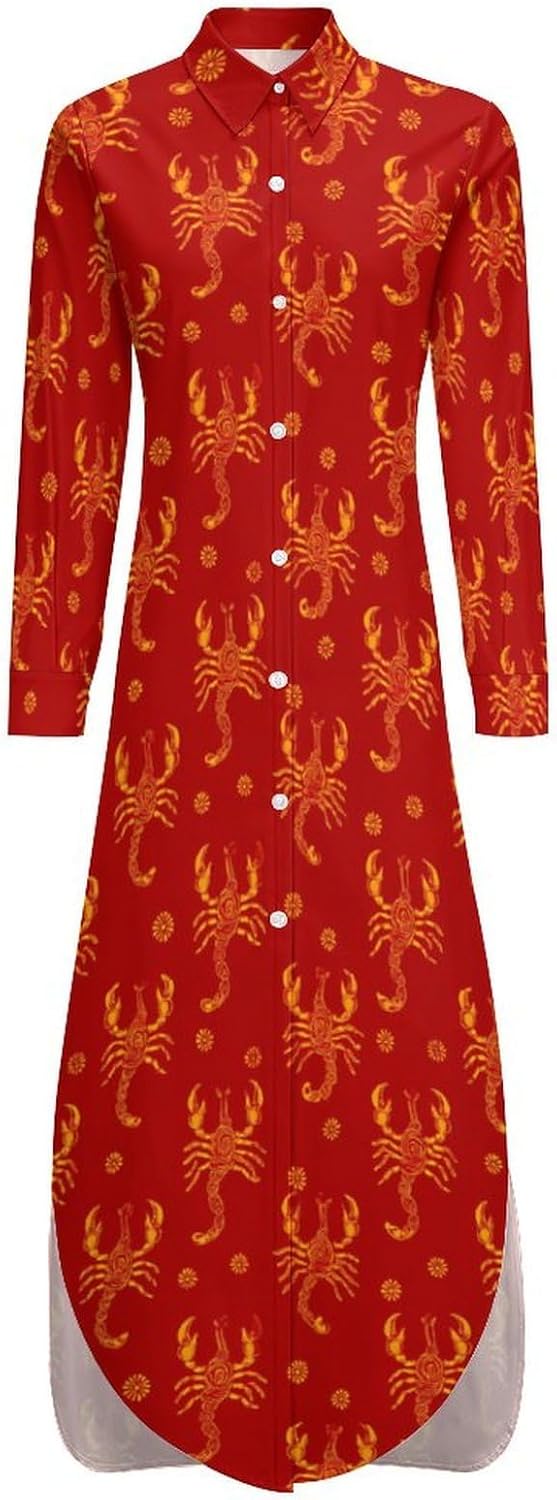 Scorpion Pattern Trendy Women's Shirt Dresses Button Down Long Sleeve Long Maxi Sundress