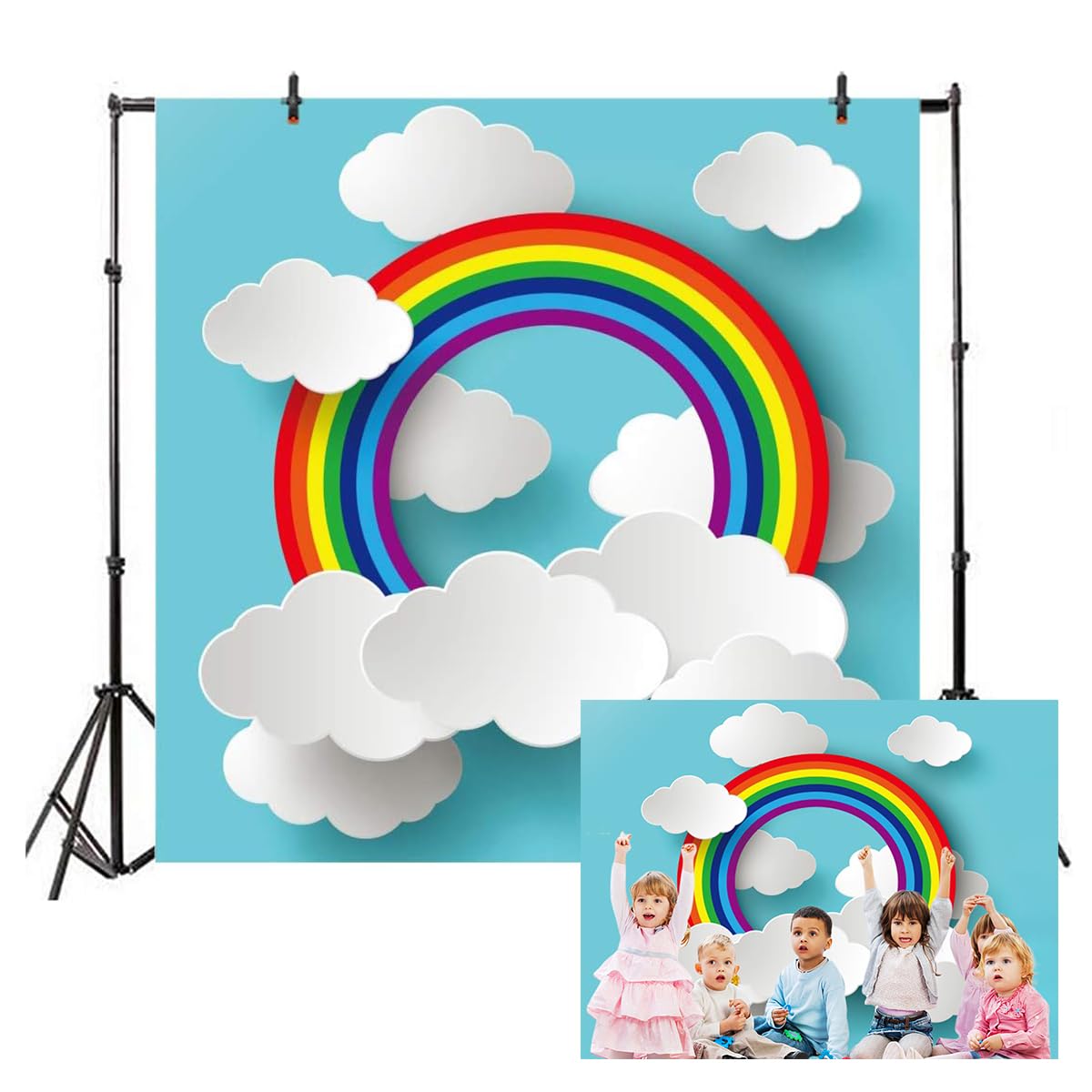 AOFOTO 5x5ft Cartoon Rainbow Clouds on Blue Paper Backdrop for Photography Girl Boy Baby Shower Photo Booth Kids Children Birthday Party Decoration