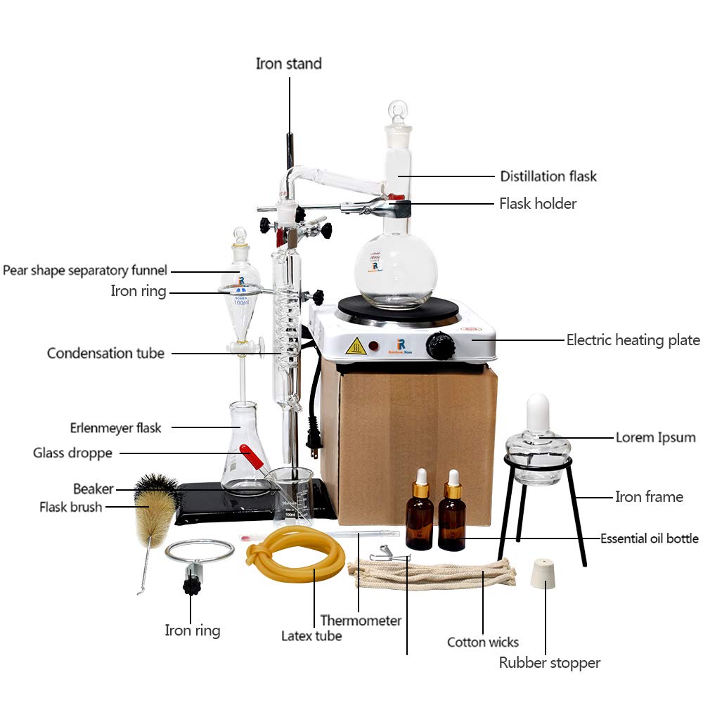Aparato de destilación de extracción de aceite esencial de laboratorio de 500 ml con estufa caliente, destilador de agua, purificador, kits de cristalería de laboratorio, destilador de alcohol
