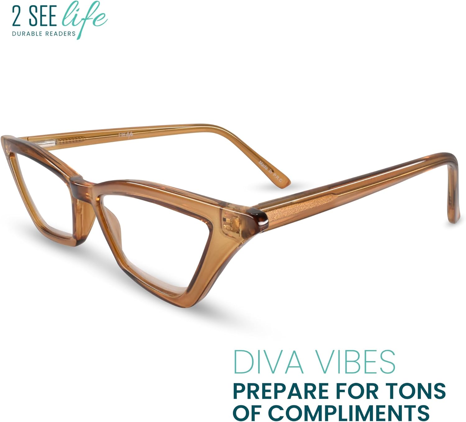 2SeeLife Premium Cat Eye Reading Glasses for Women – Narrow-Medium Fit, Sturdy Frame, Spring Hinges, Stylish Funky Readers, Amber Green, +3.00