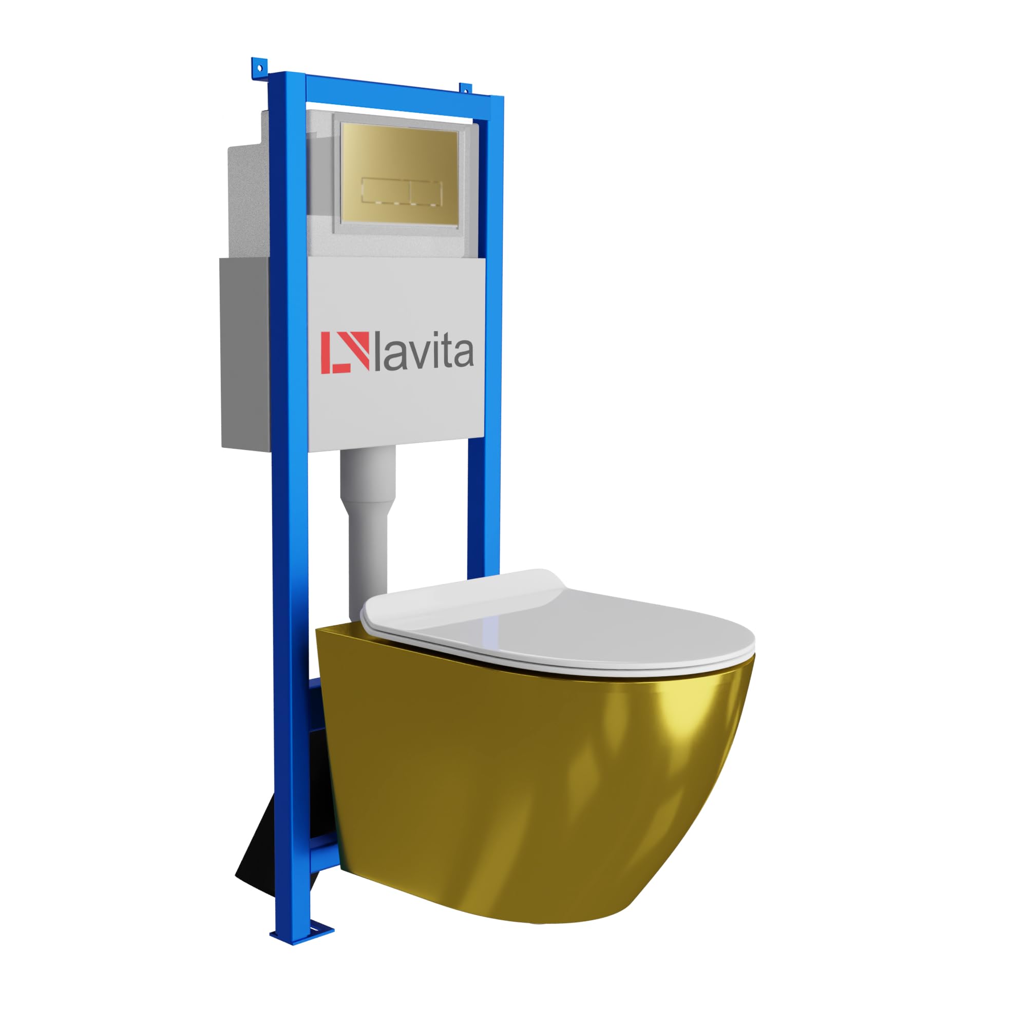 Lavita LAV 101 - Elemento da parete per WC 40 cm + parete sospesa per WC SOFI SLIM GOLD/WHITE senza bordi + pannello di controllo LAV 200.3.5 oro, set completo | cassetta di risciacquo da incasso | WC