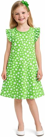 HILEELANG Girl Short Sleeve Dress Summer Cotton Casual Tunic Shirt Twirly Basic Skater Dress