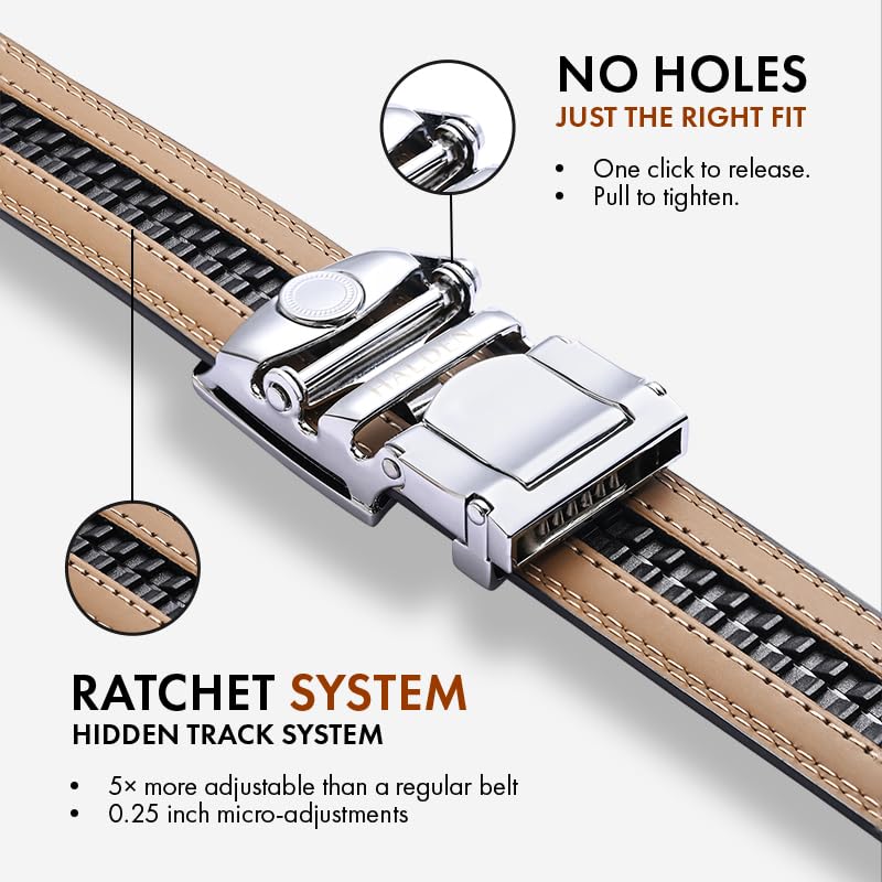 Image of HALDEN THEO Brown Belt For Men Leather Original (Adjustable Fits Up to 44 Inch Waist) Ratchet Strap with Classic Buckle & Magnetic Auto-lock