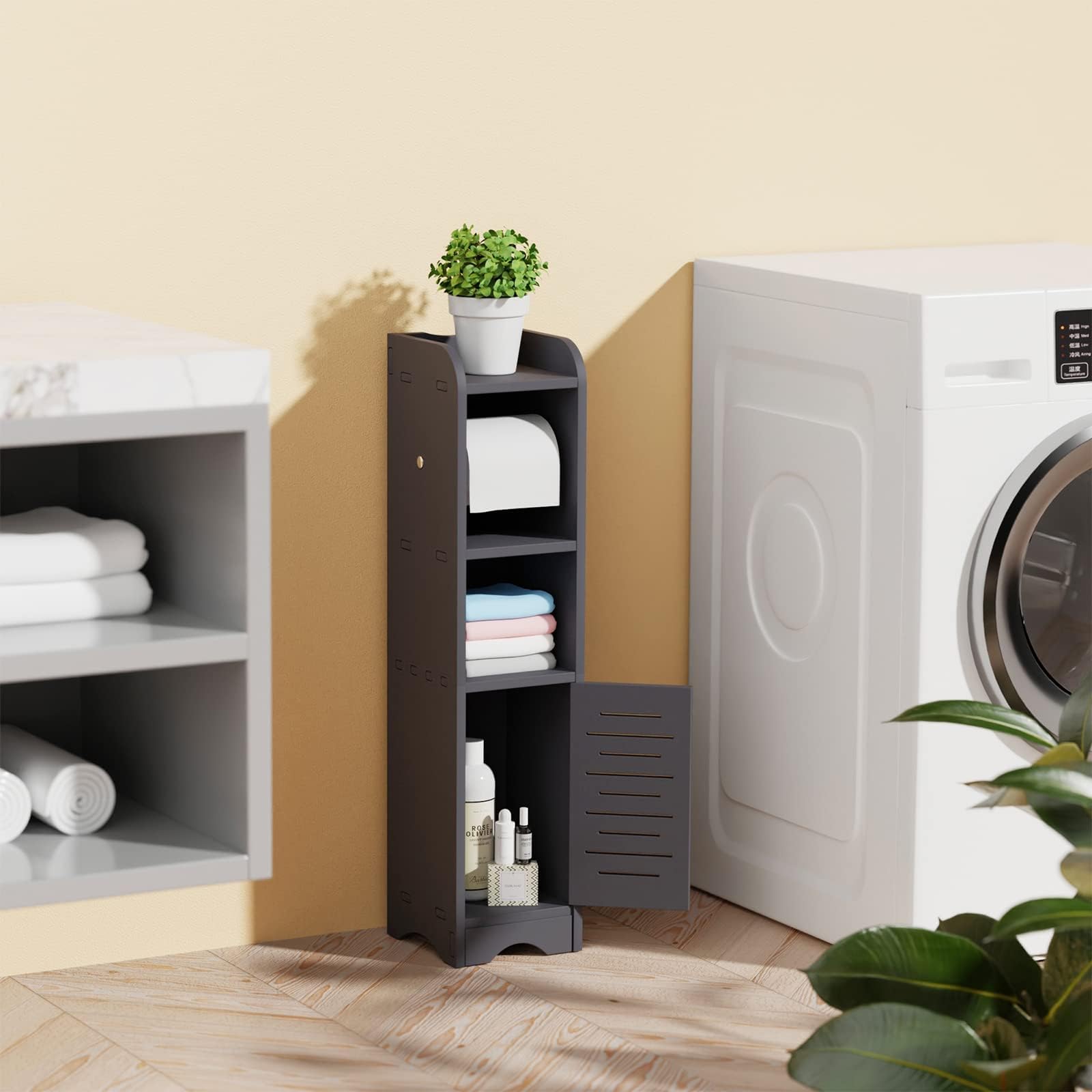 GAKOV Toilet Paper Storage,Small Bathroom Storage Cabinetfor Tiny Spaces,Toilet Paper Organizer for Small Space, Corner and Narrow,4-Tier Bathroom Organizer,Dark Grey