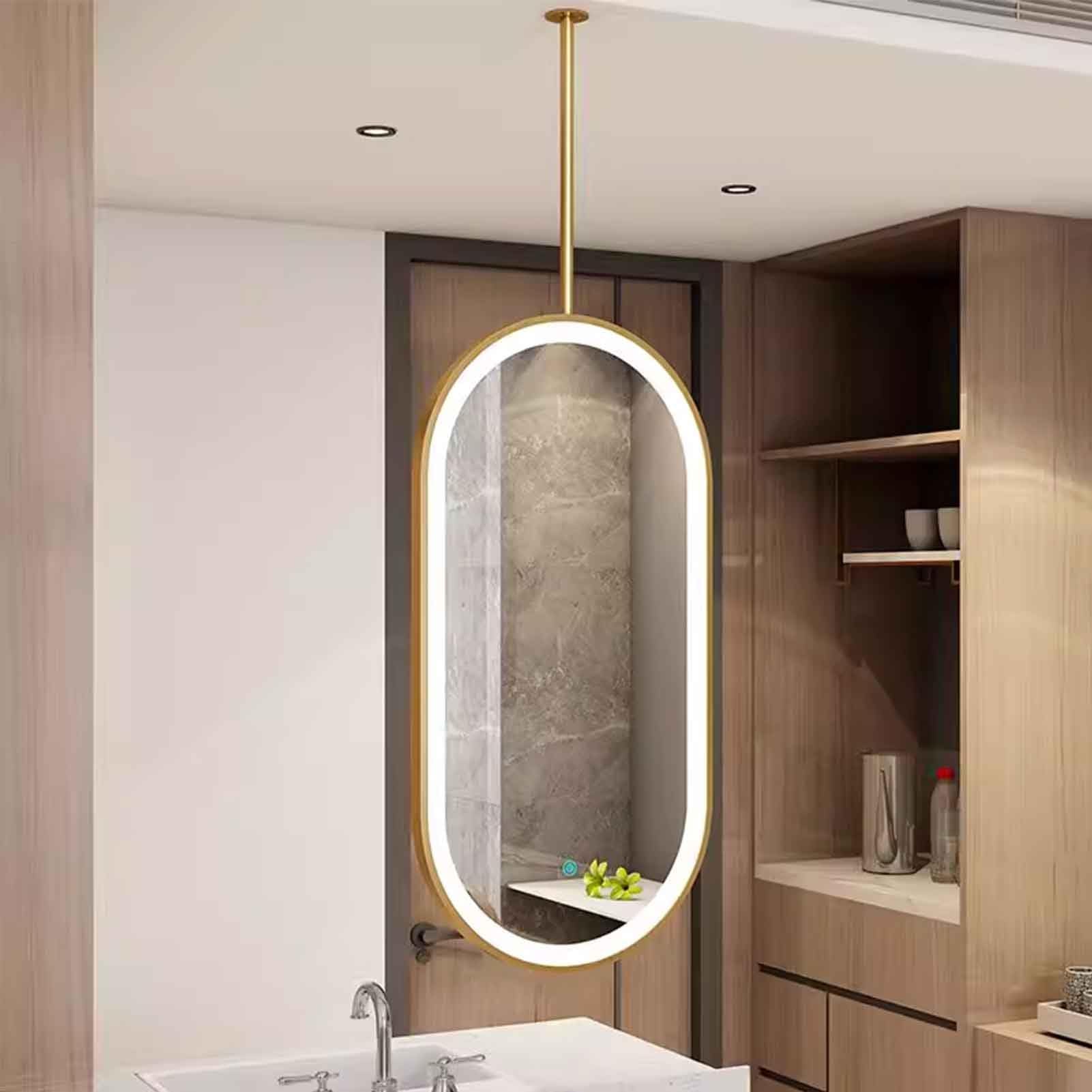 Miroir ovale LED 40x80cm suspendu au plafond avec cadre doré pour coiffeuse