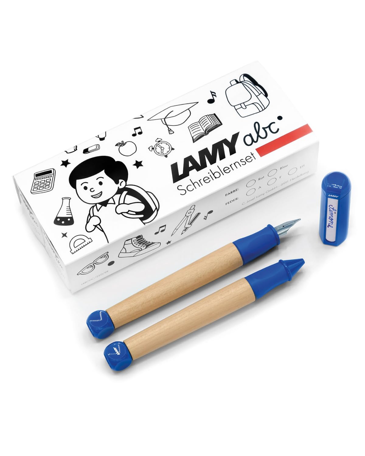 Lamy ABC Learning to Write Set Blue Including Gift Box 1x Child-Friendly Learner's Fountain Pen with Fine Nib and 1x Pencil, Non-Slip Grip, Plastic Cap and Cube