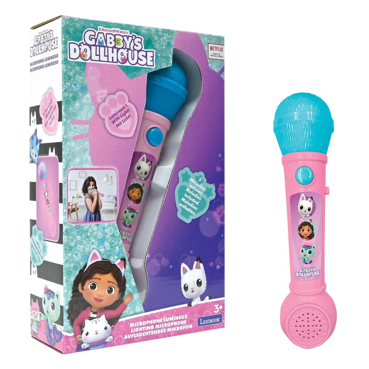 LEXIBOOK, Gabby's Dollhouse, Lighting Microphone for children, musical toy, built-in speaker, light effects, demo melodies included, Pink/blue, MIC80GDHLXB