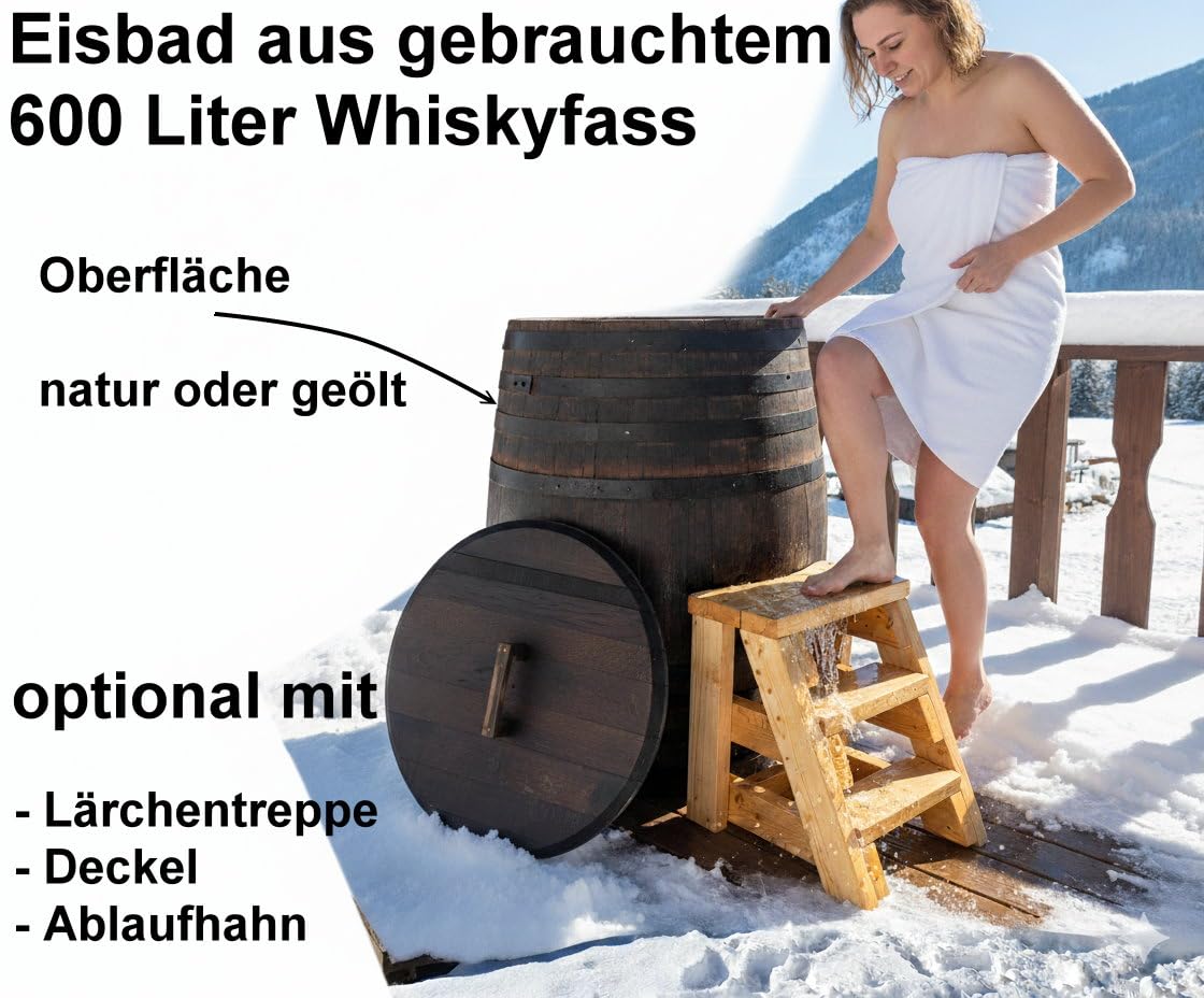 Tauchbecken 600 Liter Eisbad rustikal gebrauchtes Whiskyfass Saunatauchbecken optional Deckel, Hahn, Lärche Treppe (TBH600Deckel)
