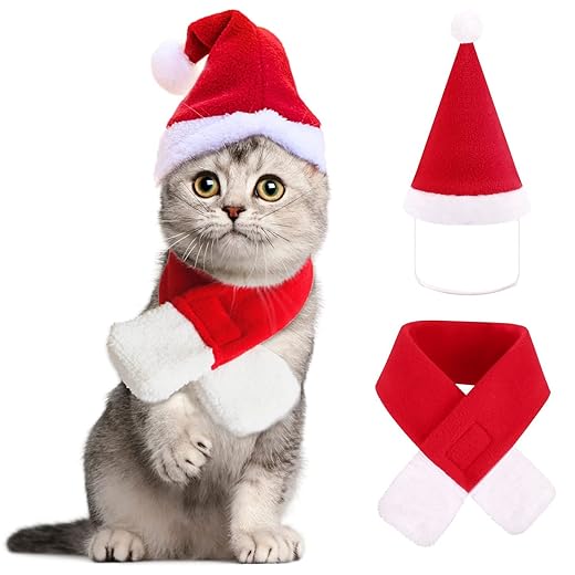 YUJUN 2PCS Cat Santa Hat with Scarf Outfit for Puppy Kitten Christmas Party Costume Supplies