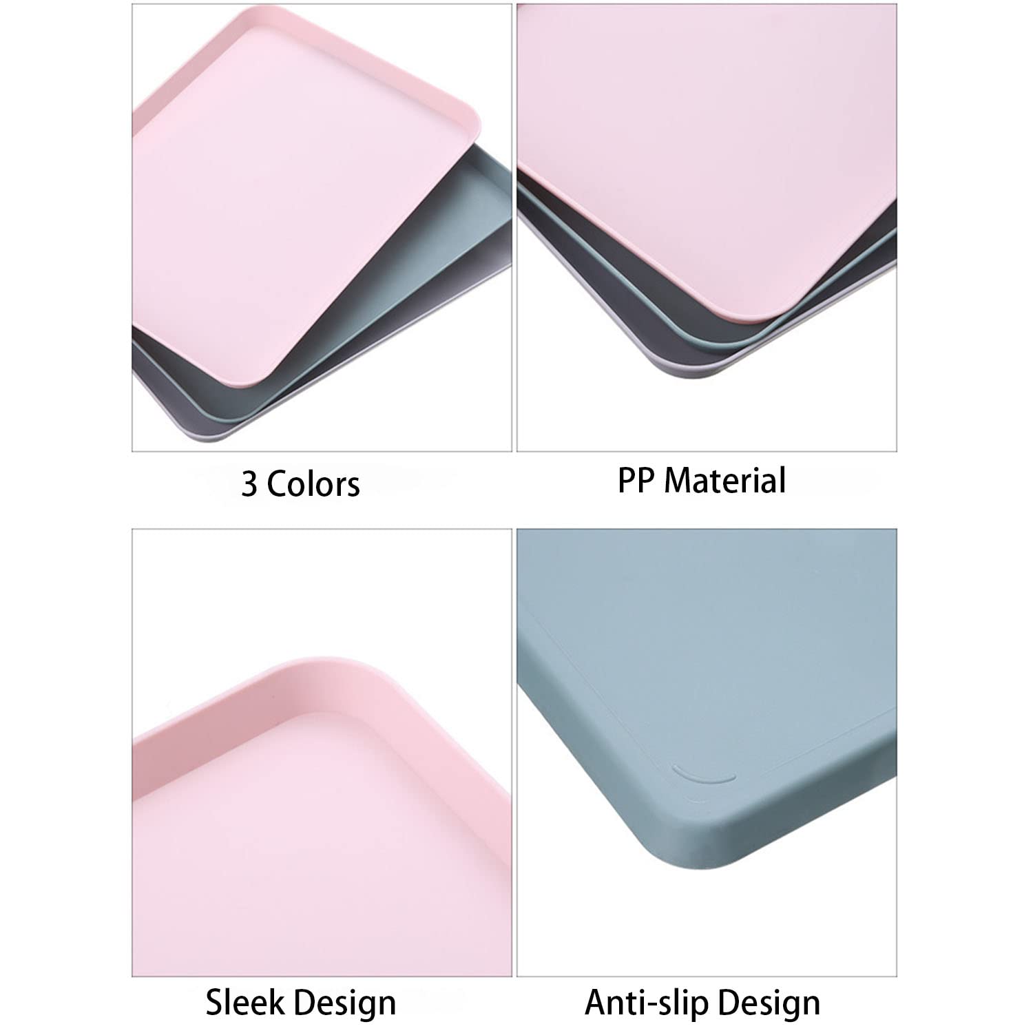 Paquete de 6 bandejas de plástico de 8 x 12 pulgadas, bonitas bandejas pequeñas de color rosa, gris y azul con pared de 2 pulgadas, bandeja decorativa para servir alimentos, bandejas planas