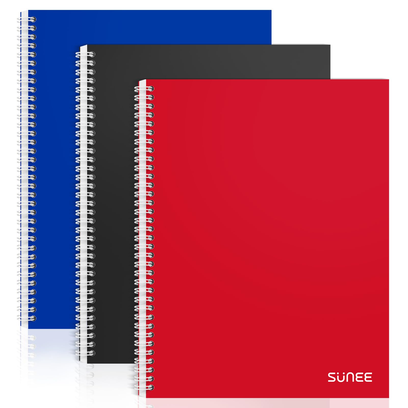 SUNEE A4 Squared Notebook, Pack of 3 Notepads, Wirebound Notebooks, 100 Sheets / 200 Pages, 80gsm 5mm Squared Paper, 4-Hole Punched and Perforated Edge, Blue/Black/Red