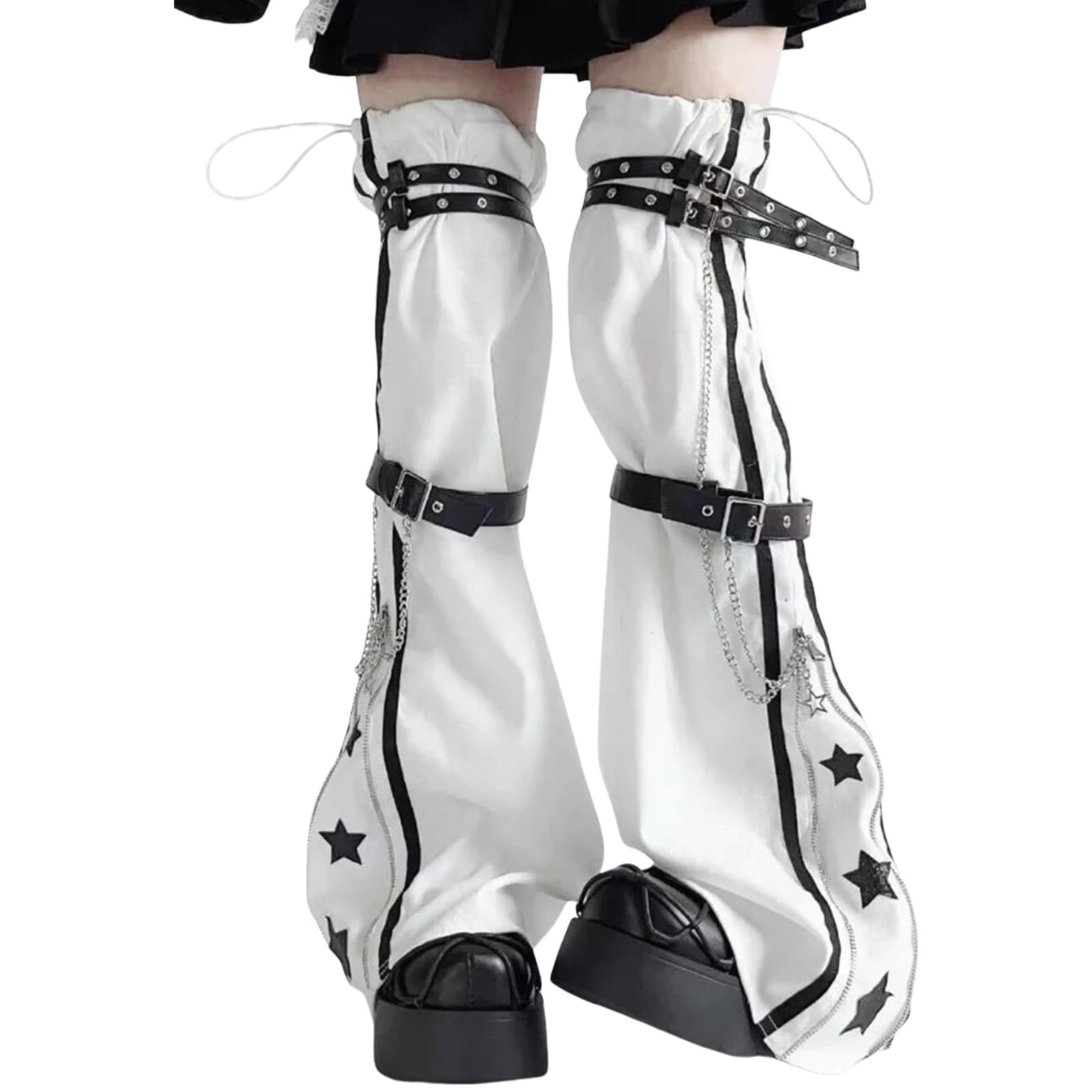 Women Star Print Zippered Flared Leg Warmer Aesthetic Fashion Punk PU Harness Strap Leg Cover Thigh High Socks