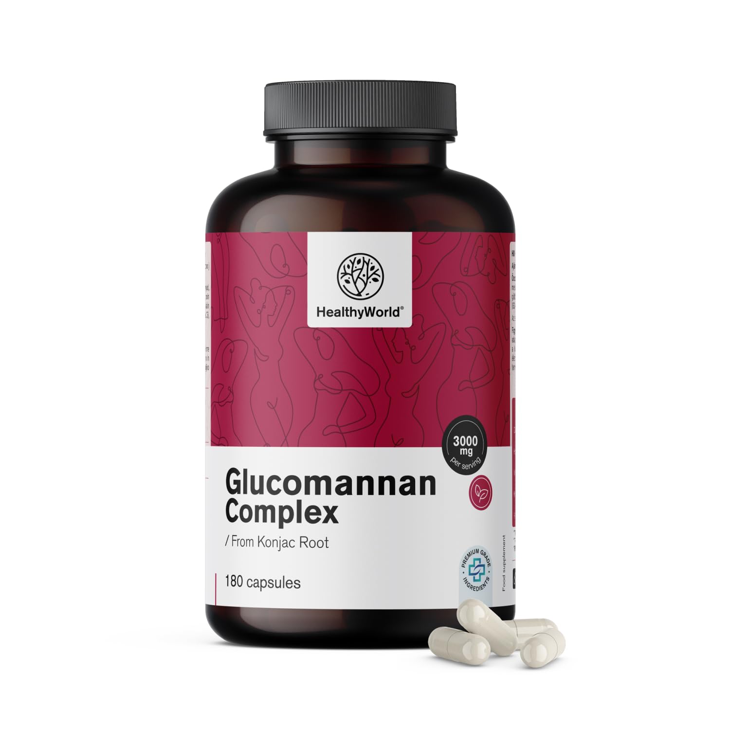 HealthyWorld Complesso di glucomannano 3000 mg – Dalla Radice di Konjac - 180 capsule - Con aggiunta di Colina, Cromo, Vitamine D3 e B3 - Senza OGM - Scorta per 1 mese