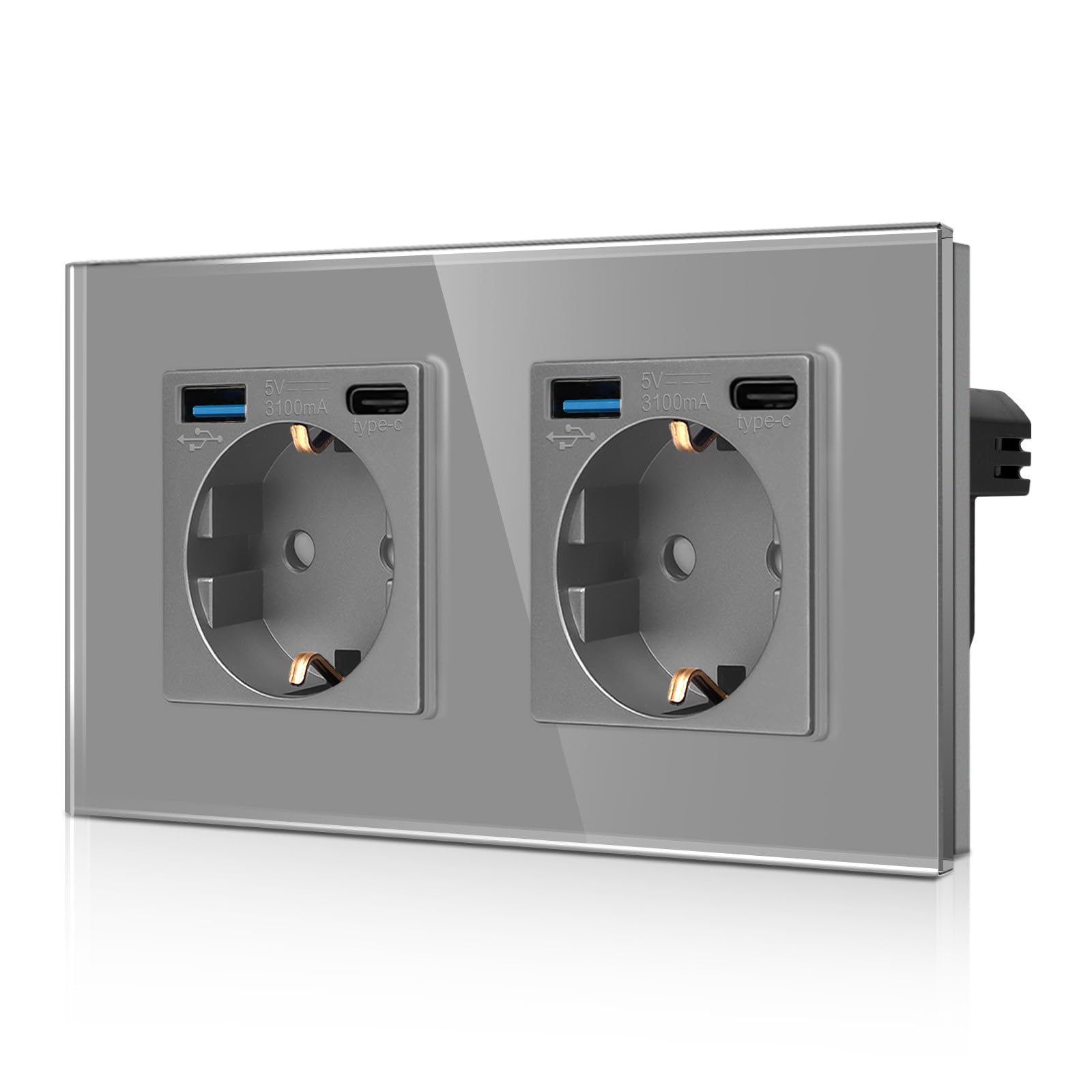 CNBINGO Double Socket with 4 x USB Ports Quick Charging - 2 x (Type C and USB-A Total Max. 3.1 Amp) - Double Glass Schuko Socket Flush-Mounted - Grey Wall Socket with Child Lock — image 1