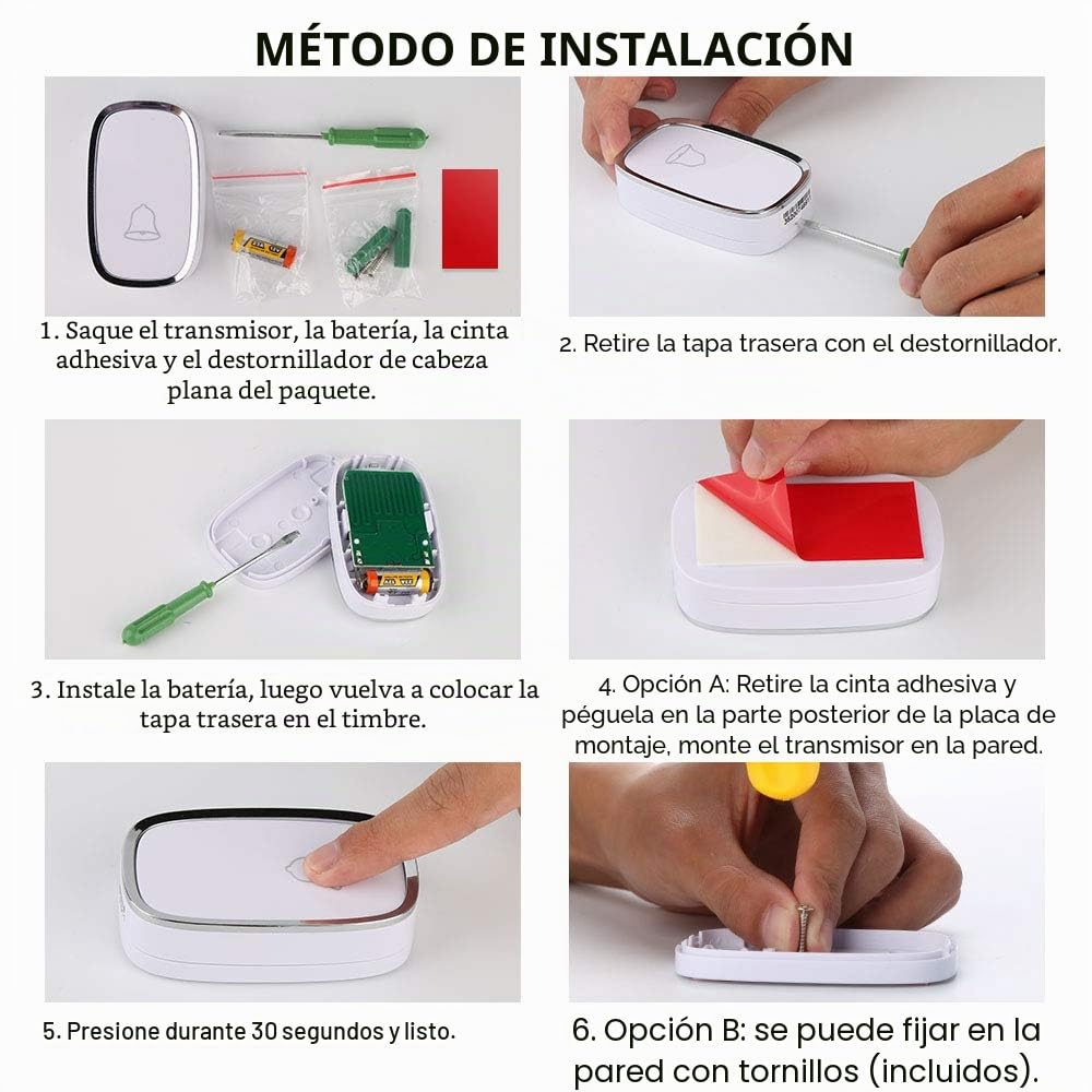 Timbre Inalámbrico Impermeable Timbres para Puerta, Receptor y 1 Transmisor, 4 Volumen Ajustable, 36 Melodías Ajutables, Alcance a 300m, Timbre de Puerta para Interior y exterio (Blanco)