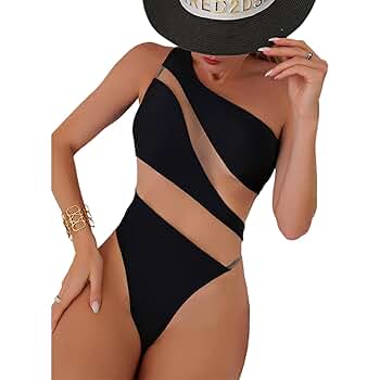 KZIYBON Women's one-Piece Swimsuit mesh Paneled one-Shoulder
