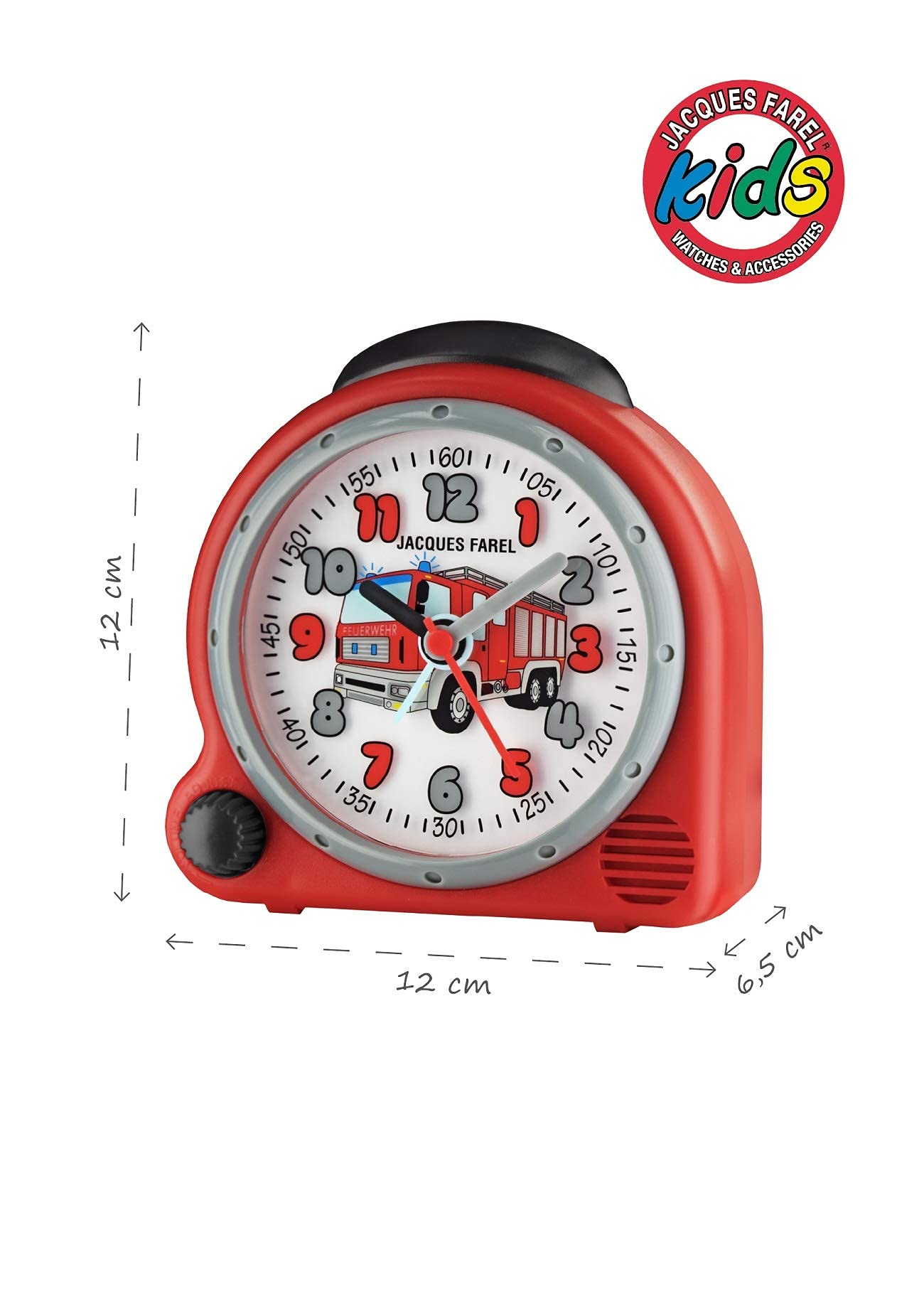 JACQUES FAREL HappySound Kinderwecker mit Melodie Soundwecker Rot mit Feuerwehr Sound Tatütata, Lautstärkeregelung Analog Quarz Licht AVC 02FIRE