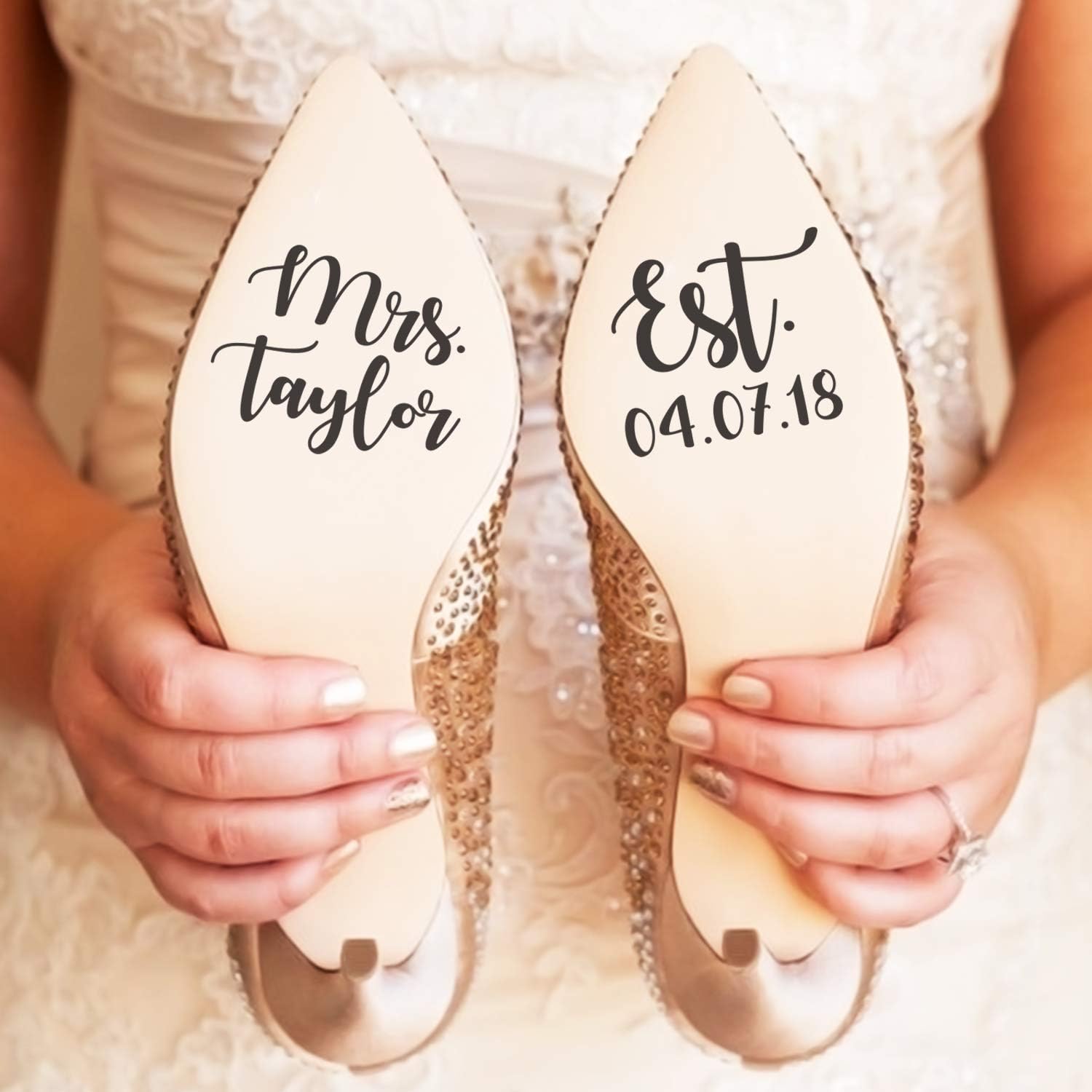 Vinyl Art Decal - Custom Mrs and Established Date - Custom Size - Modern Elegant Sticker Personalized Bride Wedding Shoes Marriage Reception Photography Love Couples Groom Husband Wife Decor