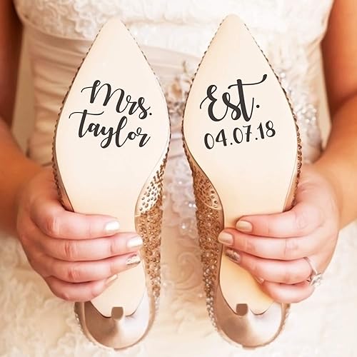 Calcomanía artística de vinilo  Sra. y fecha establecida  Tamaño personalizado  Etiqueta moderna y elegante personalizada para novia, boda, boda,