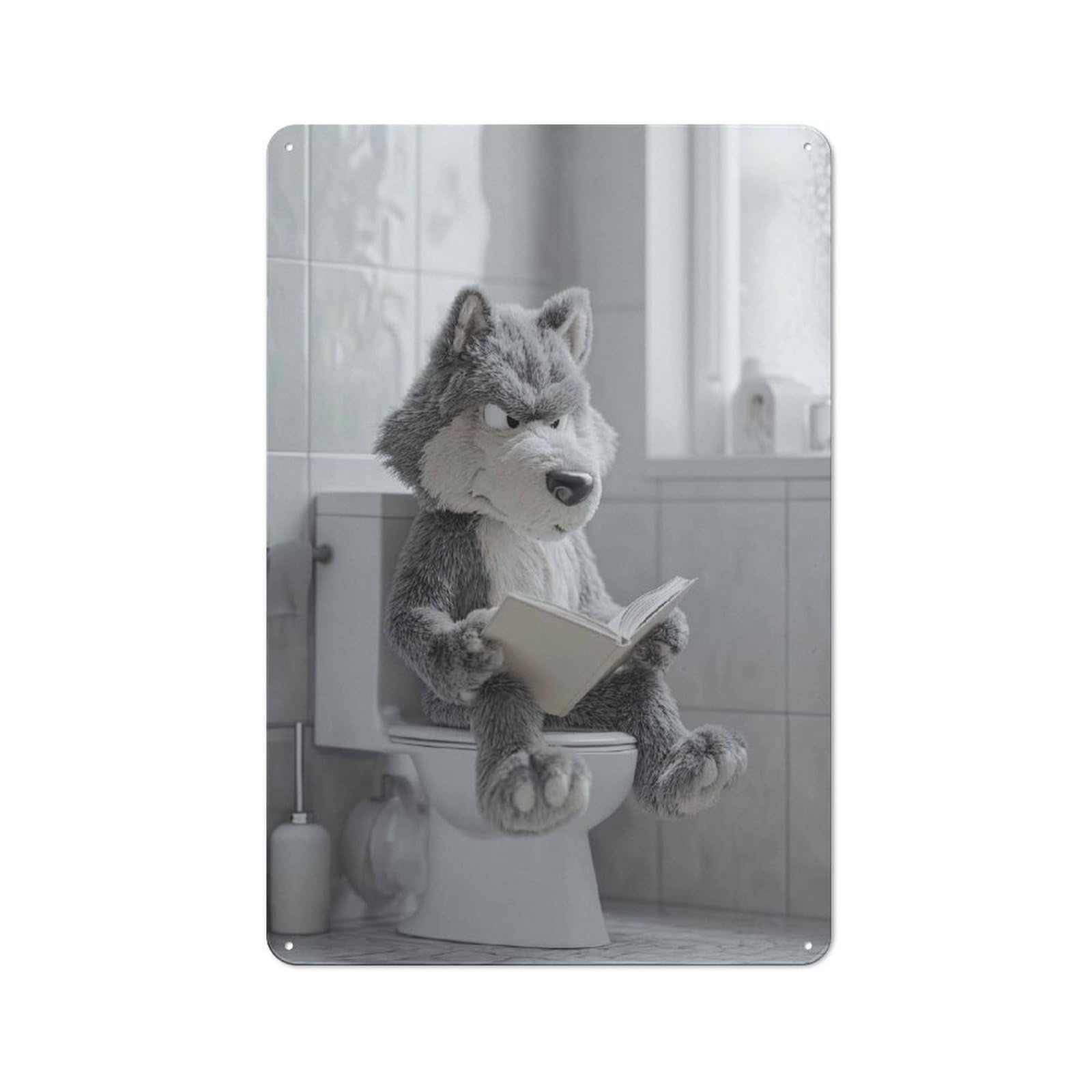 Junmoney Style-18 Wolf Reading On The Toilet Rustic Metal Plaque 30X20cm For Living Room Or Hallway, For Garage, Workshop And Man Cave Decoration