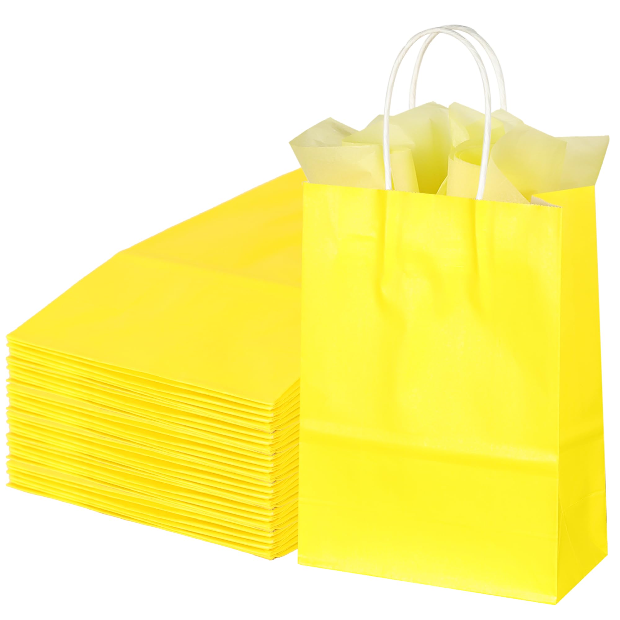 32 Pcs Small Gift Bags with 32 Tissues, Yellow Party Bags with Handles, Paper Bag for Birthday, Wedding, Party Supplies, 22 x16 x 8cm