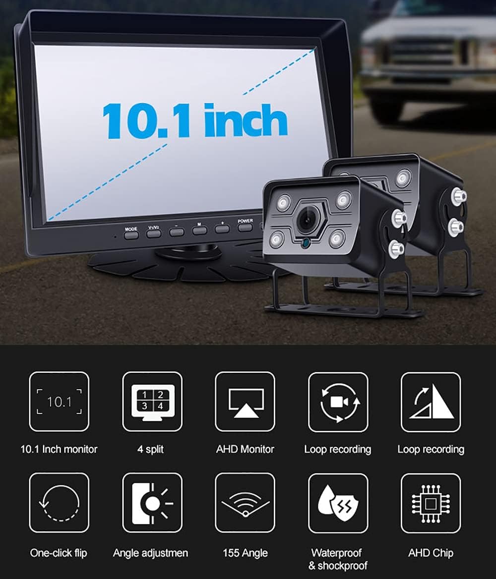 10.1 Inch Wired Backup Camera Kit, Built-in Recorder, Support Split/Quad Screen, IP68 Waterproof, IR Night Vision, for RV Semi Box Truck Trailer Motorhome (Size : Kit 3) () image 2