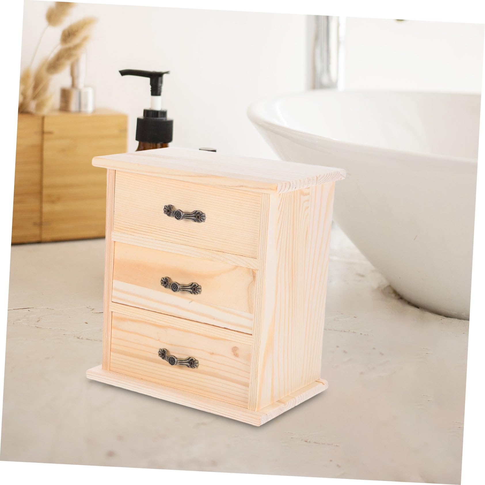 Holz Schreibtisch Organizer mit DREI Schubladen Kleiner Holzschrank für Büro Stilvoller Miniatur Aufbewahrungsbox für Schmuck und Kleinteile Praktischer Schubladen Organizer für