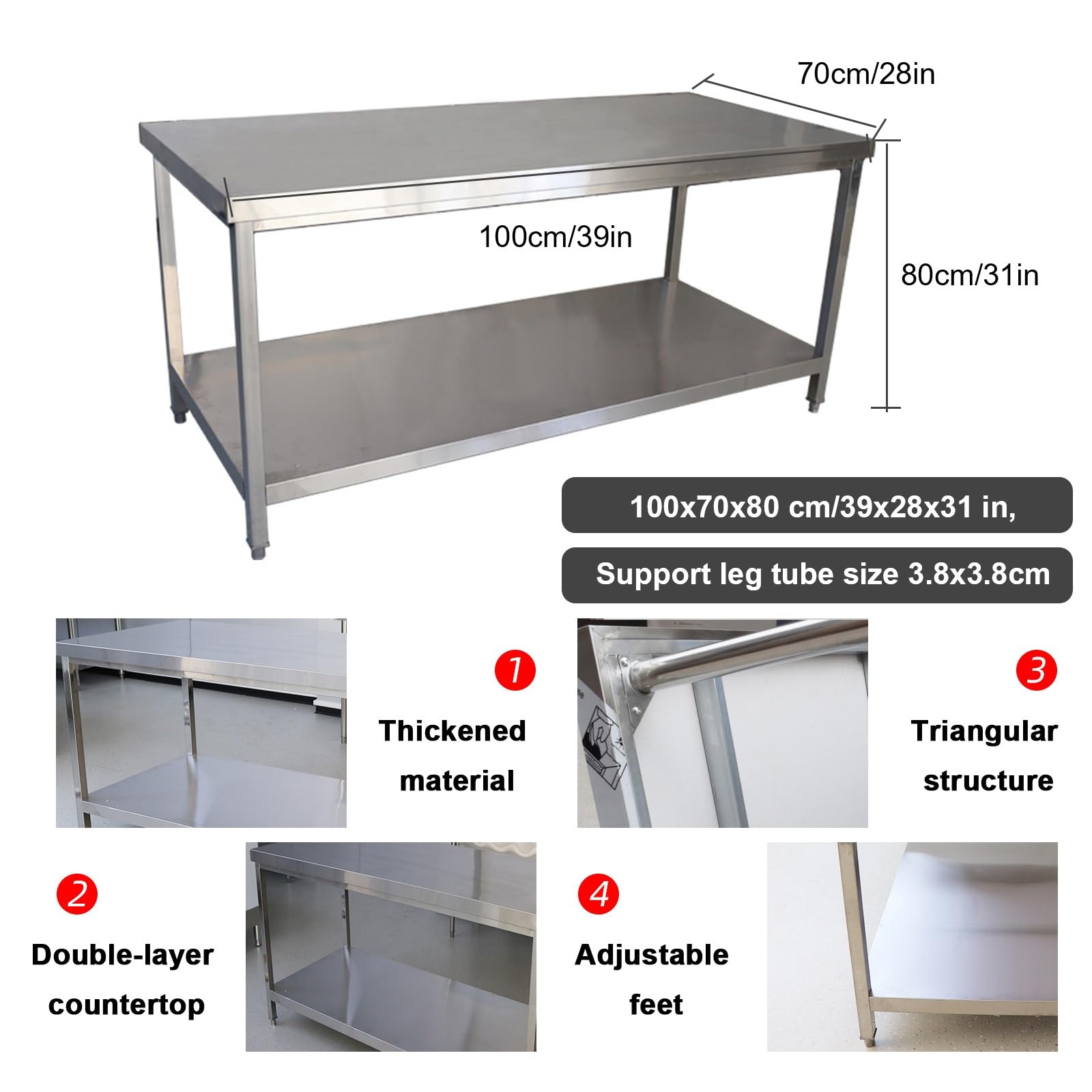 Tavolo da lavoro in acciaio inossidabile, resistente tavolo da lavoro commerciale con ripiano inferiore per cucina, officina e preparazione degli alimenti, design in metallo durevole