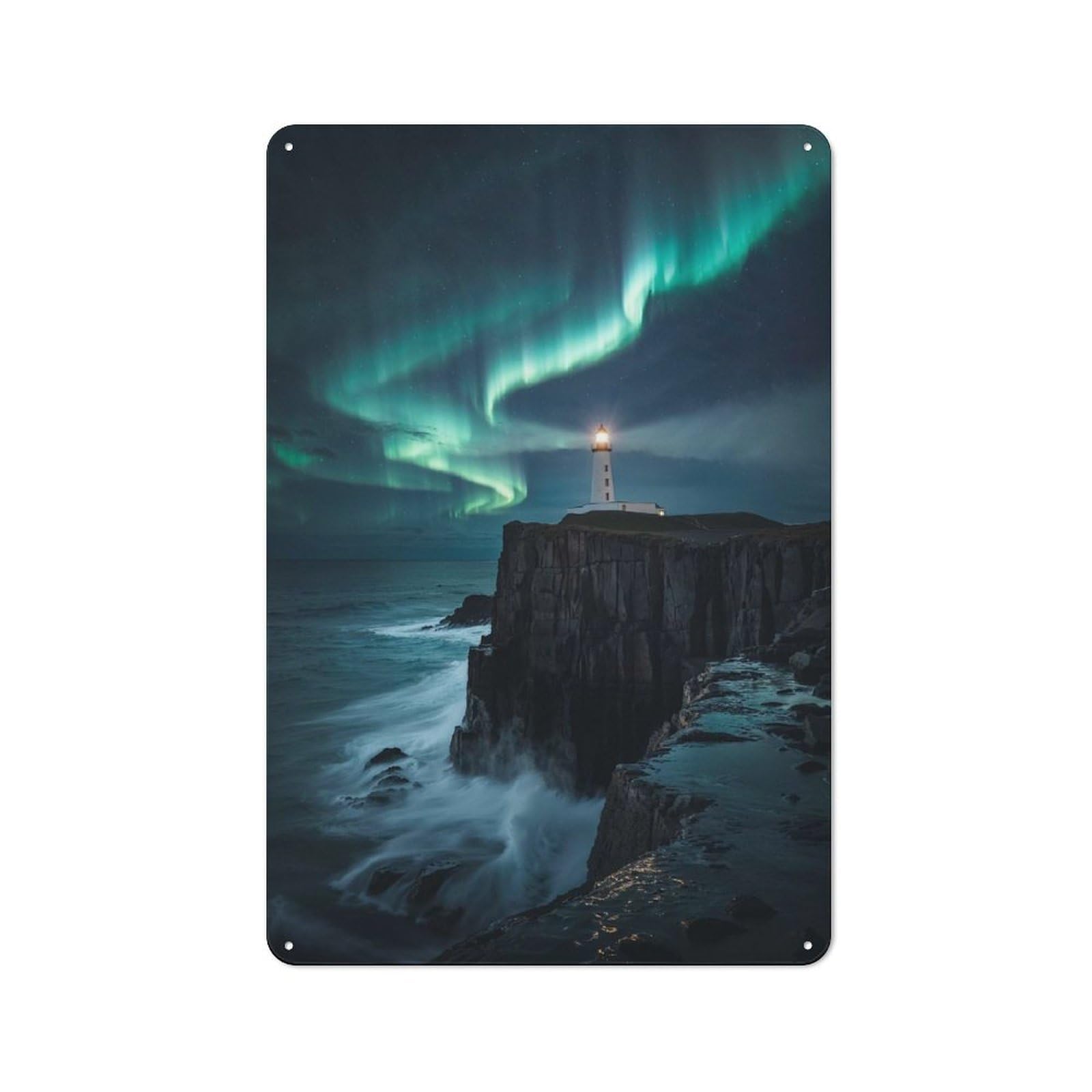 Metal Sign 30x20cm with Lighthouse Under Aurora Borealis for Workshop Wall, Rustic Decor, Wall Decoration for Workshops And Hobby Rooms