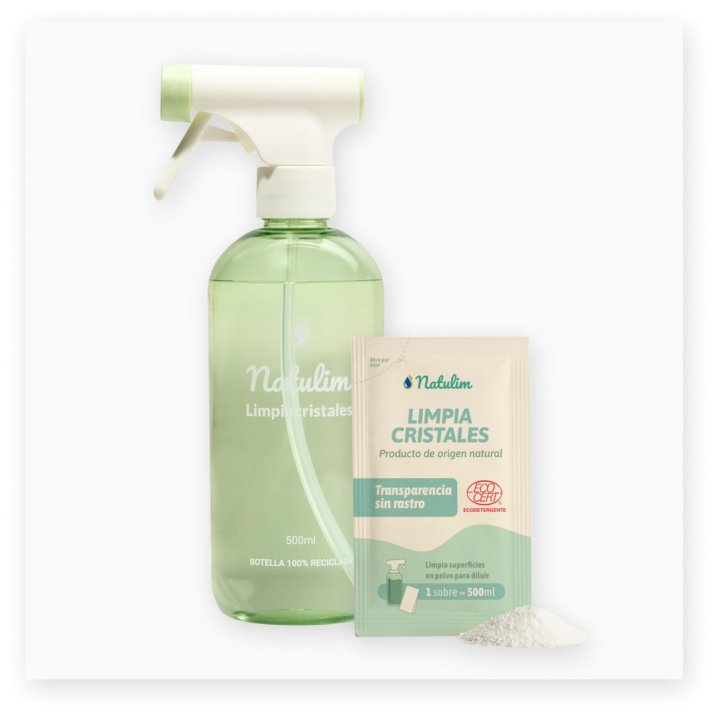 Natulim Confezione di detergenti per vetri – Pulizia profonda e senza traccia per superfici trasparenti – Set spray ricaricabile da 500 ml + 2 buste di ricarica (1 bustina = 500 ml).