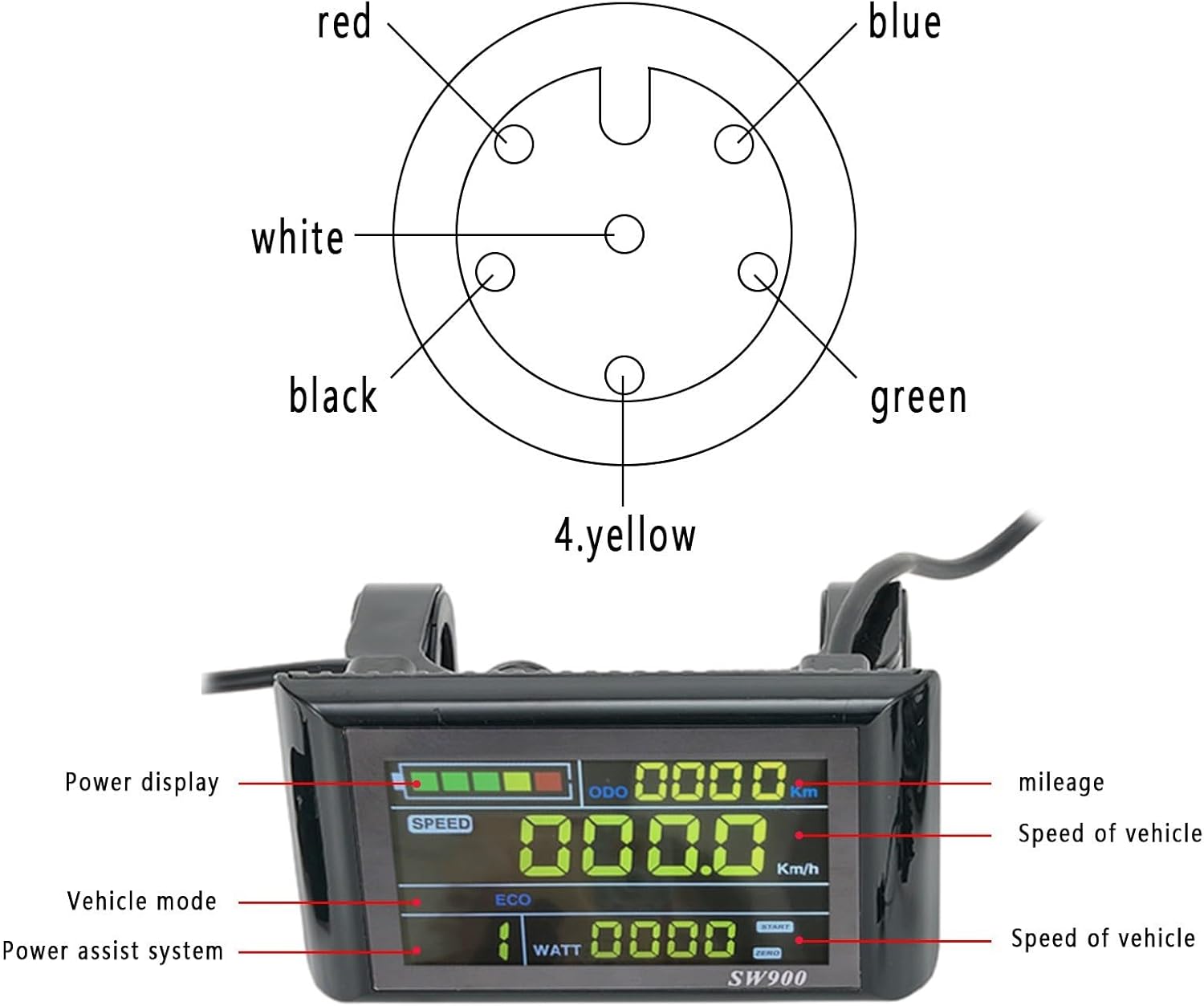 SW900 Electric Bike Display Panel LCD Screen Bike Speedometer Controller 24V 36V 48V 60V Bicycle Computer With Backlight Adjustment System(5pin)