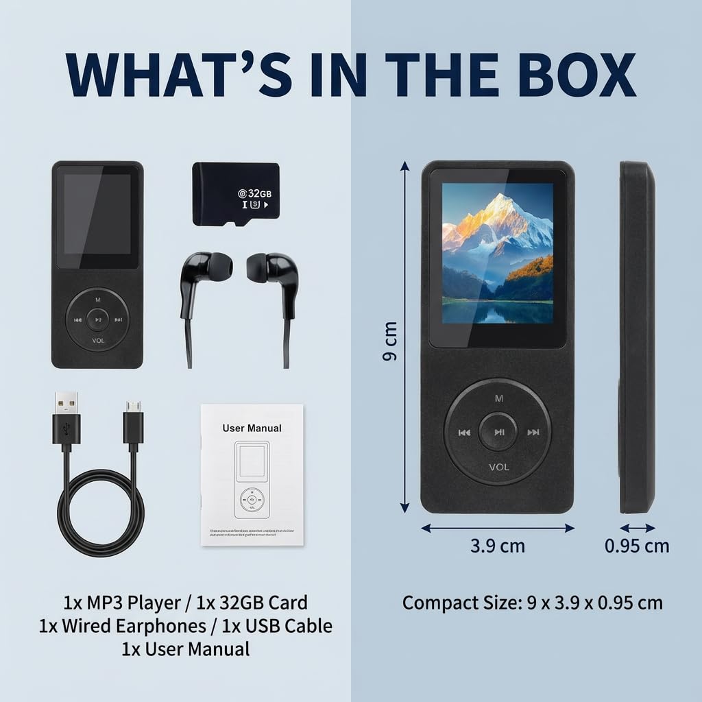 Bluetooth 5.3 MP3 Player mit Lautsprecher, 1,8 Zoll Bildschirm, Verlustfreier HiFi Bluetooth MP3 Player für Kinder und Sport, TF Kartenkompatibel, 70 Stunden Akkulaufzeit, Leicht und Praktisch