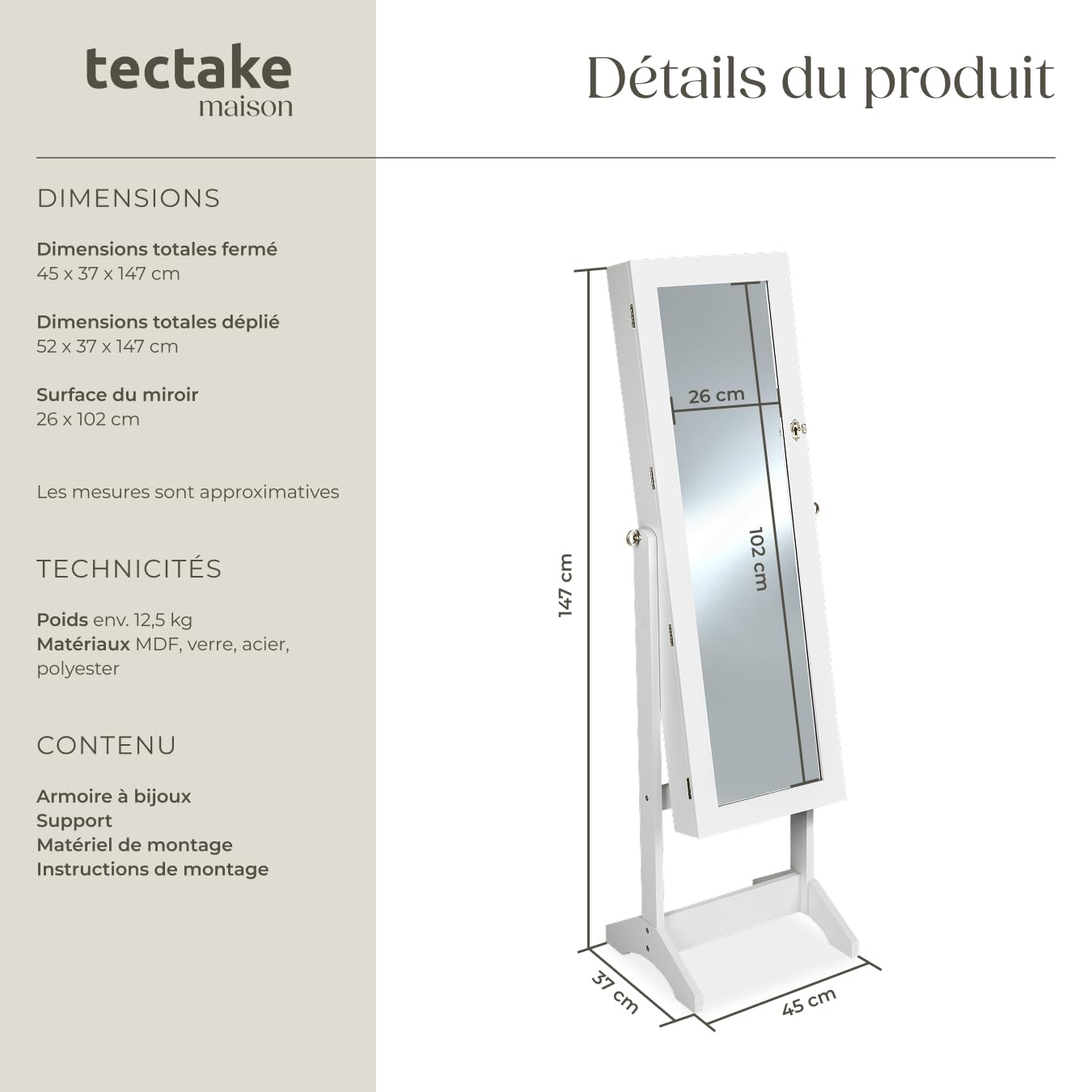TecTake® Armoire à bijoux avec Miroir intégré, 147 x 45 x 37 cm, Miroir sur pied, Armoire Chambre Dressing Porte Bijoux Femme Collier Boucles d'oreille Bague Meuble Chambre Coffret bijou, Blanc