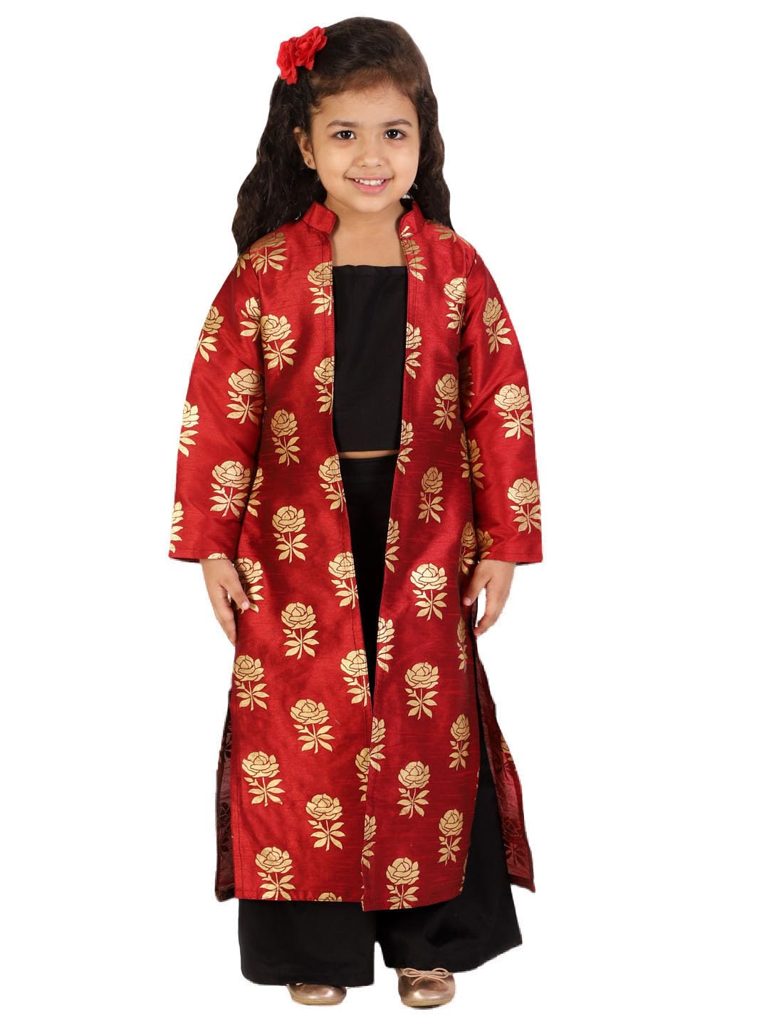 Jbn Creation Girls' Maroon And Black Brocade Cotton Silk Crop Top, Pallazo And Shrug Set_Jbngco002Ma_5-6Y