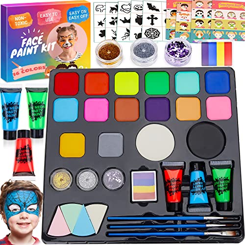 Kit Truccabimbi 42 Colori – Anallergico E Atossico, Con 11 Pennelli, 4 Stencil E 2 Adesivi Diamantati, Lavabile Con Acqua E Sapone