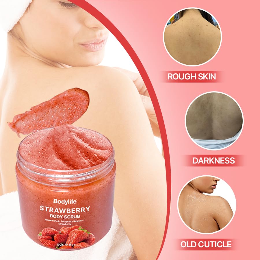 Strawberry Body Polish Removes Dead,for Dry Skin a Soft Hydrated Feel,Smoother, Softer Skin-10.58 oz