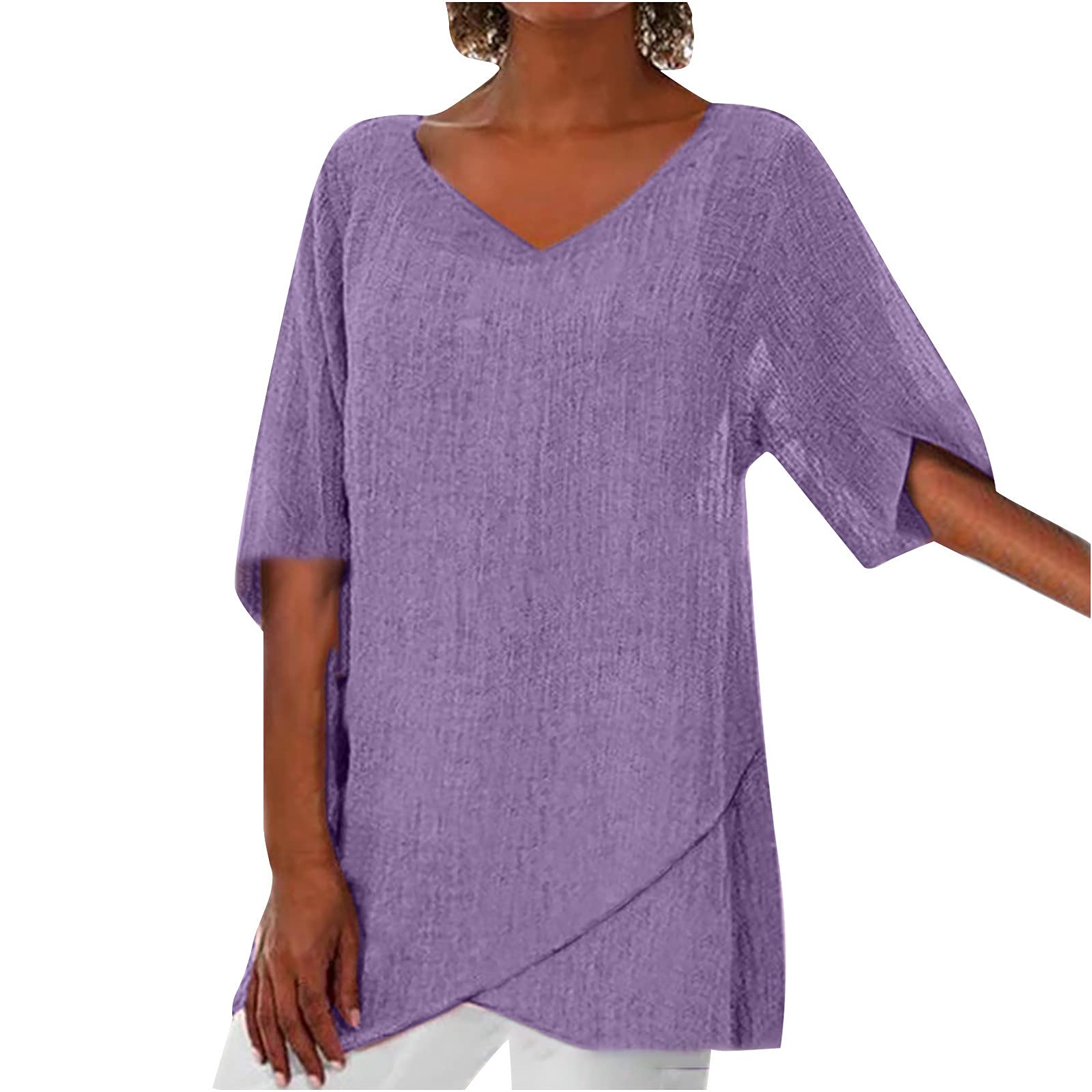 NUSGEAR 2023 Camiseta de Manga Corta Mujer, Verano algodón y Lino Colores sólidos Blusa Camisa Cuello en V Camiseta Hem Irregular Suelto Elegante Tops Casual T-Shirt Original tee cómodo Basic Vacaciones