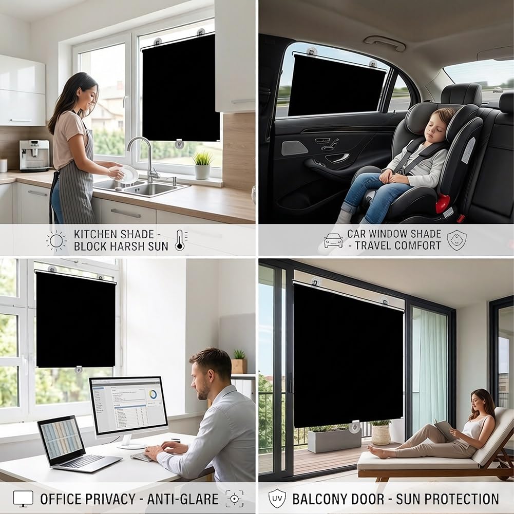 Générique Store Occultant À Ventouse Store Enrouleur Rétractable Portable 50x150 80x200cm Store À Rouleau Temporaire Rideaux D'intimité sans Perçage Pare-Soleil Isolant Thermique Amovible(72x170cm)
