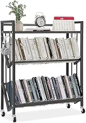 Preto Estante para Livros para 3 Camadas, Nicho Organizador com Rodízios, Estante de Livro