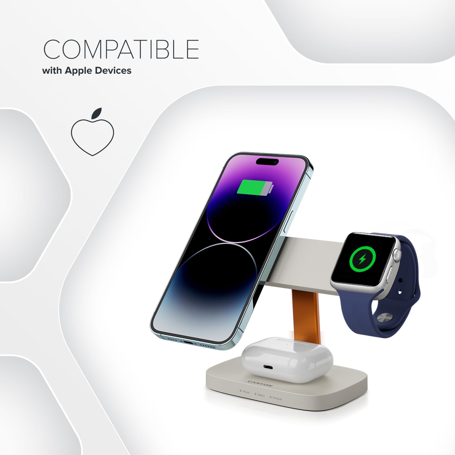 CANYON Hexagon WCS-310 - Estación de carga inalámbrica 3 en 1 para iPhone, Apple Watch y AirPods, cargador Qi rápido de 15 W, orientación magnética, indicador LED, adaptador de 20 W, gris oscuro/azul